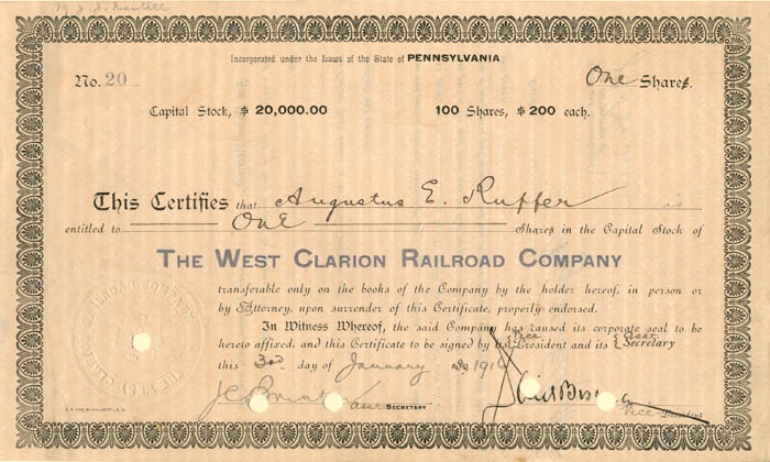 West Clarion Railroad Co. - 1916 dated Railway Stock Certificate